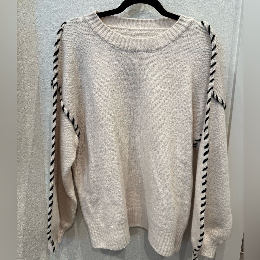 PrettyGarden Women’s Chunky Knit Sweater With Black Stitching- Tan- Small